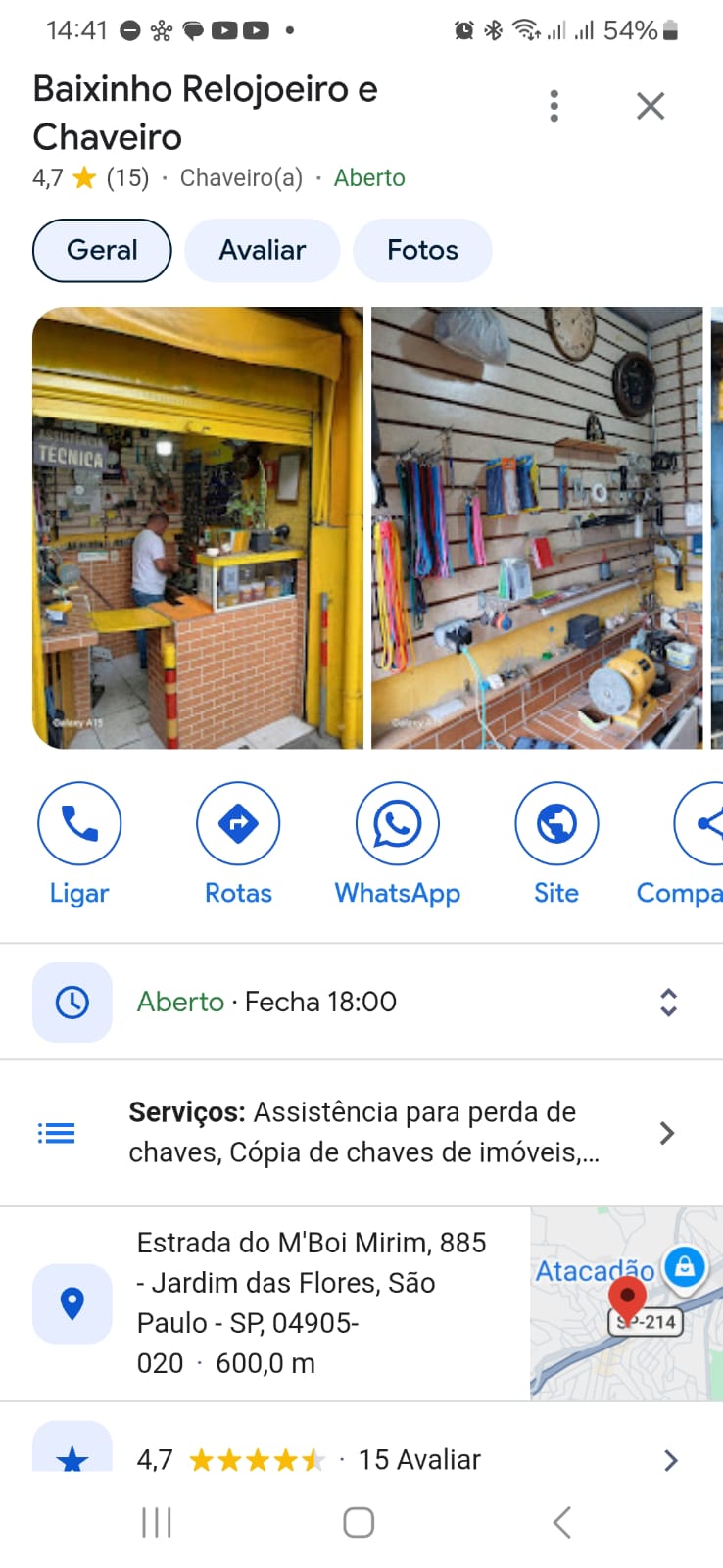Ficha da empresa no Google com avaliação 4,7 estrelas, serviços e endereço
