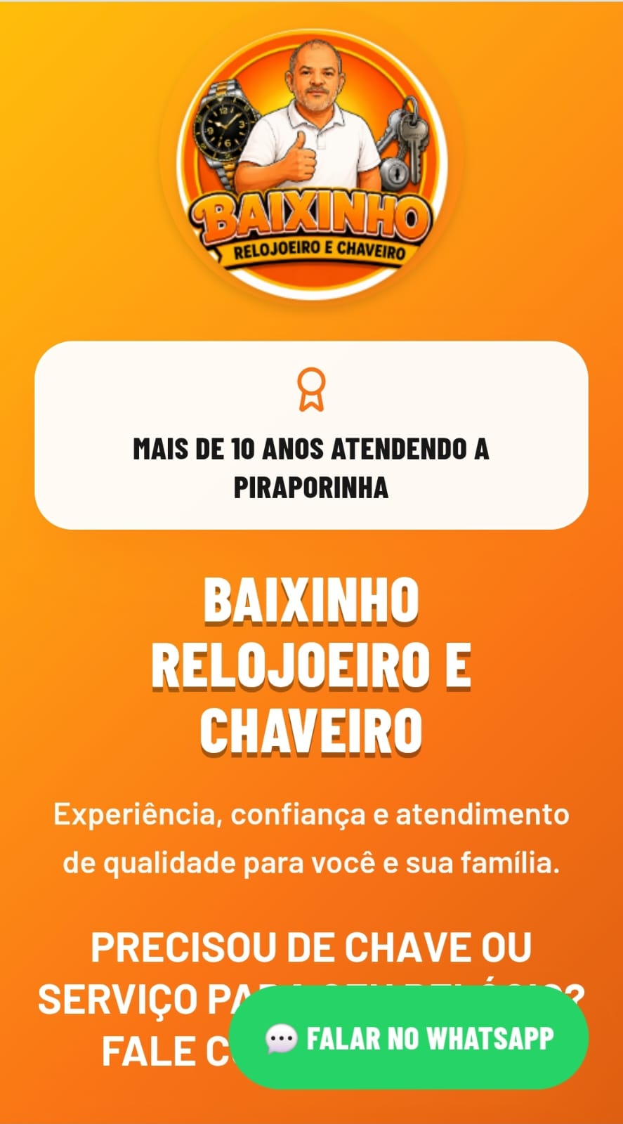 Landing page do Baixinho Relojoeiro e Chaveiro com botão de WhatsApp