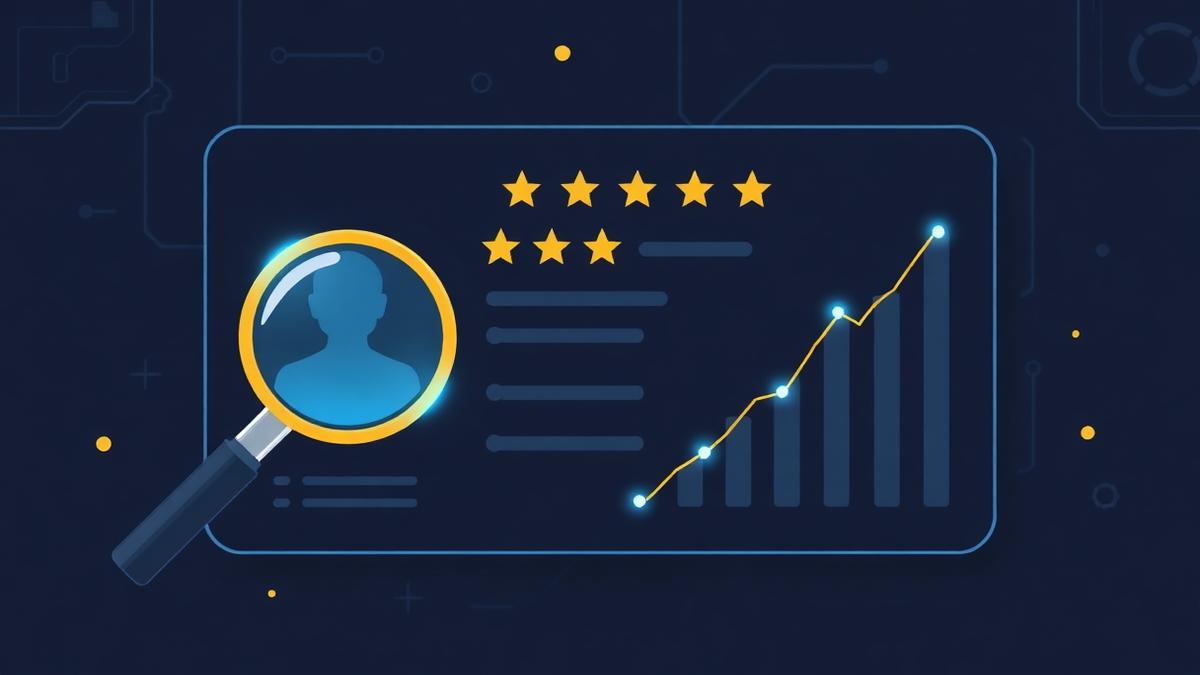 Perfil de empresa com avaliações e gráfico de crescimento de leads