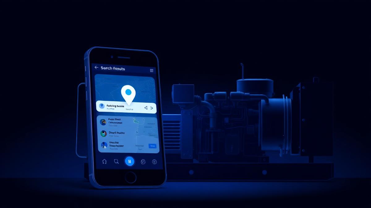 Celular exibindo resultados de busca local ao lado de um grupo gerador industrial