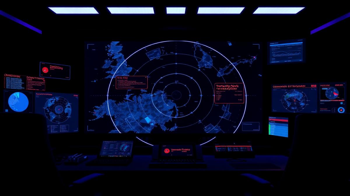 Centro de monitoramento com radar e mapa de território