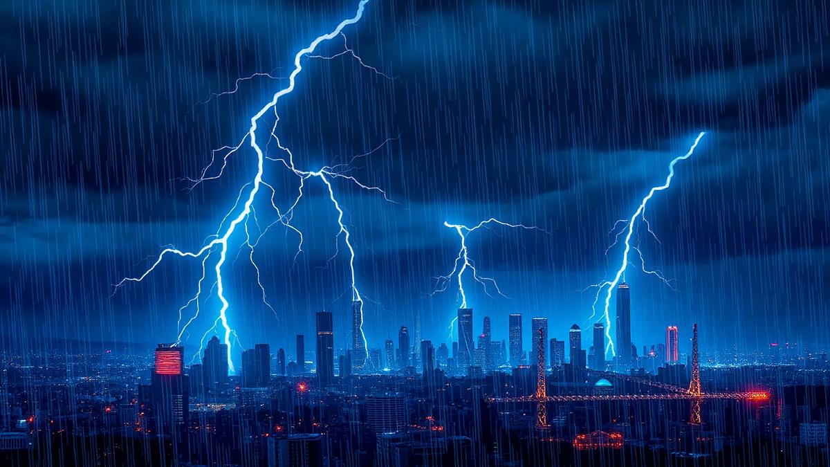 Tempestade com raios sobre uma cidade e linhas de energia